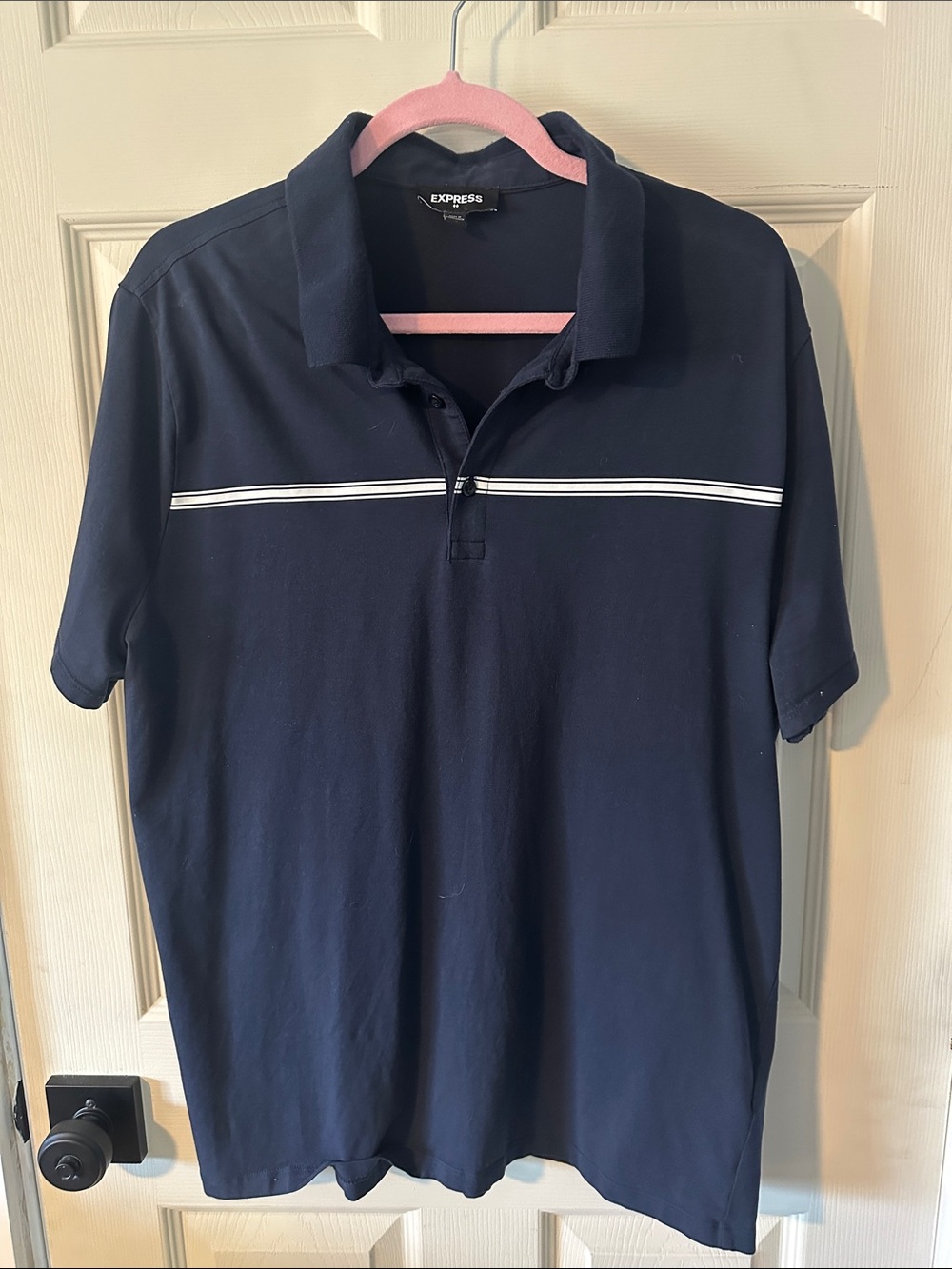 Express Men’s Navy Polo with White Chest Stripe